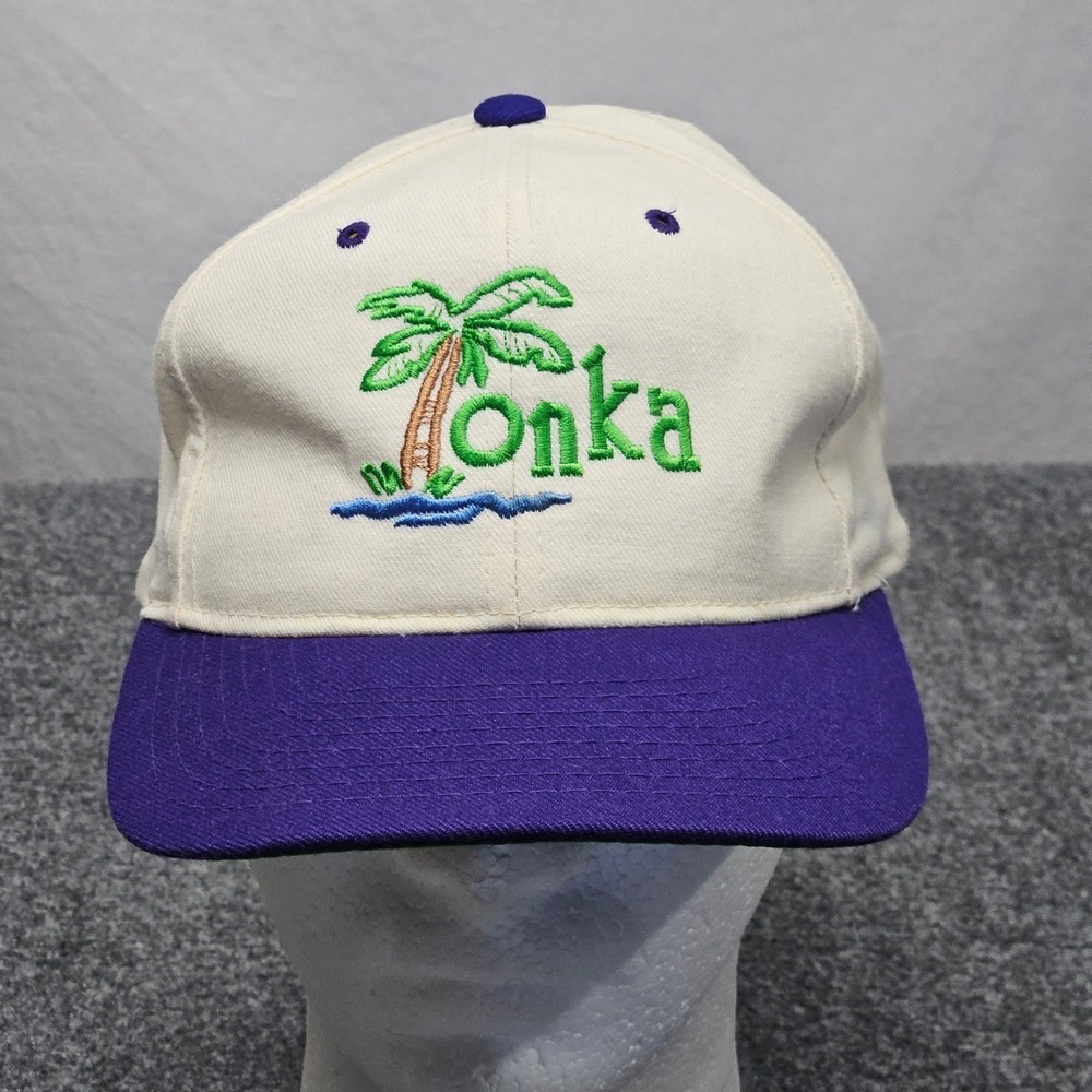 Vintage Lake MInnetonka Palm Tree Hat Minnesota Cap Beige Purple 80s 90s Resort